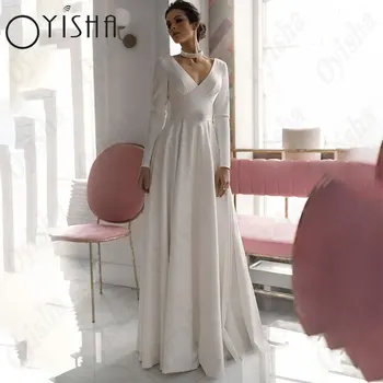 OYISHA A-Linijo Proti-Vrat Poročne Obleke Beli Saten Poln Rokavi Preproste Poročne Halje Za Ženske Backless Elegantno Vestido De Mariages