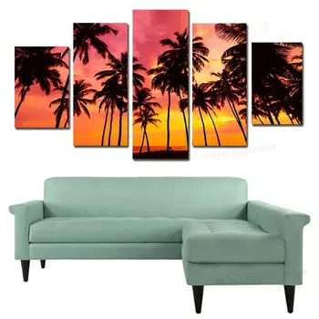 Tropski Otok Palme Rdeče Nebo, sončni Zahod 5 Plošči Platno, Tisk Wall Art Plakat HD Natisni Slike Doma Dekor Ni Uokvirjena 5 Kos