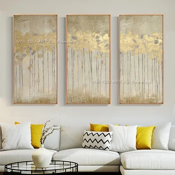 3 Plošče Big velikost poceni Ročno Poslikane Stene slikah Povzetek zlato listi krajine za Dnevni sobi doma dekor ni uokvirjena