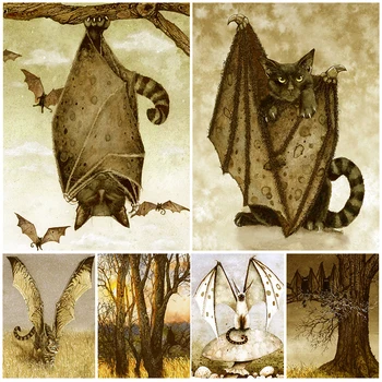 Mačka Z Bat Wings Letnik Akvarel Wall Art Platno, Tisk Skrivnostno Vampir Mačka Umetnost Plakata In Tiskanje Doma Dekor Brez Okvirja