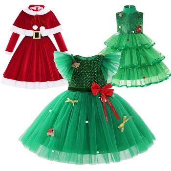 2024 Božič Obleko za Dekle, Fant, Rdeče, Zelene Pletene Obleke za Otroka Xmas Party Santa Claus Princesa Kostum za 2-10Y Kostumi