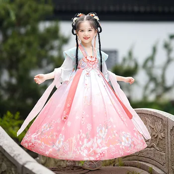 Dekleta Roza Vezenje Hanfu Kitajski Slog Super Poletje Fairy Oblačenja Otrok, Starih Ples Kostum